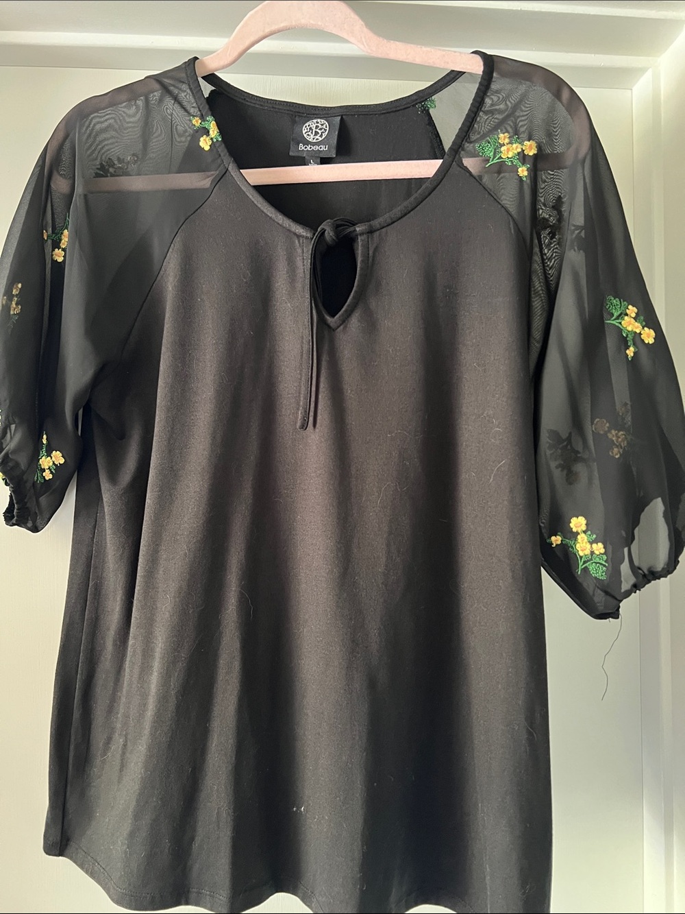 bobeau Black Top with Yellow Floral Embroidered Sheer Sleeves